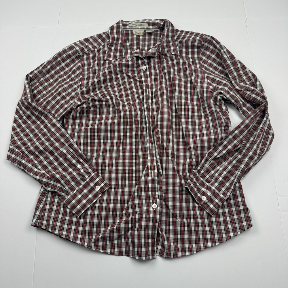 LL Bean Shirt Mens Large Plaid Red Green Button Down Wrinkle Resistant Cotton